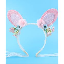 Babyhug Free Size Hair Band With Floral & Bunny Ear Applique With String - White & Pink