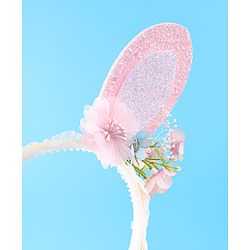 Babyhug Free Size Hair Band With Floral & Bunny Ear Applique With String - White & Pink
