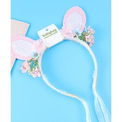 Babyhug Free Size Hair Band With Floral & Bunny Ear Applique With String - White & Pink