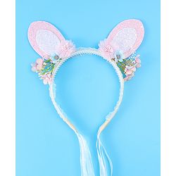 Babyhug Free Size Hair Band With Floral & Bunny Ear Applique With String - White & Pink
