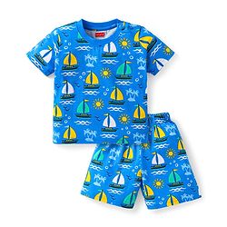 Babyhug Cotton Knit Half Sleeves Shorts Night Suit With Beach Theme Print - Blue