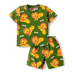 Babyhug Cotton Knit Half Sleeves Shorts Night Suit With Lion Print - Green
