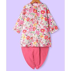 Babyhug Cotton Woven Full Sleeves Floral Printed Kurta with Solid Colour Dhoti Set - Pink & White