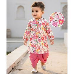 Babyhug Cotton Woven Full Sleeves Floral Printed Kurta with Solid Colour Dhoti Set - Pink & White