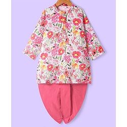 Babyhug Cotton Woven Full Sleeves Floral Printed Kurta with Solid Colour Dhoti Set - Pink & White