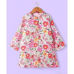 Babyhug Cotton Woven Full Sleeves Floral Printed Kurta with Solid Colour Dhoti Set - Pink & White