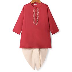 Babyhug Woven Full Sleeves Embroidery Kurta & Dhoti Set -  Red