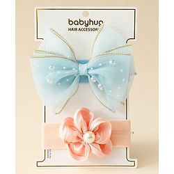 Babyhug Free Size Headbands With Floral & Bow Applique Pack Of 2 - Blue & Peach