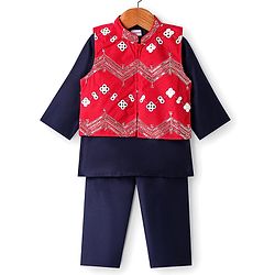 Babyhug Woven Full Sleeves Kurta & Pajama Set with Mirror Work & Embroidered Waistcoat - Navy Blue