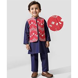 Babyhug Woven Full Sleeves Kurta & Pajama Set with Mirror Work & Embroidered Waistcoat - Navy Blue