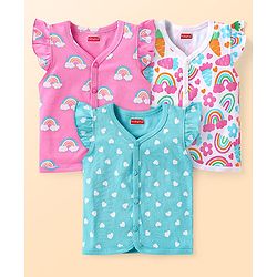Babyhug 100% Cotton Knit Frill Sleeves Front Open Vest With Polka Dots & Rainbow Print Pack Of 3 - Pink & Light Blue