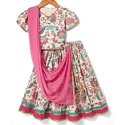 Babyhug Woven Half Sleeves Choli Lehenga Set with Dupatta & Floral Print & Lace Detailing - Pink & Offwhite