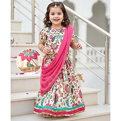 Babyhug Woven Half Sleeves Choli Lehenga Set with Dupatta & Floral Print & Lace Detailing - Pink & Offwhite