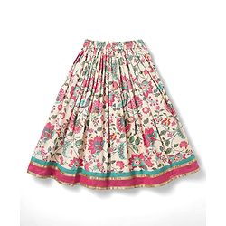 Babyhug Woven Half Sleeves Choli Lehenga Set with Dupatta & Floral Print & Lace Detailing - Pink & Offwhite