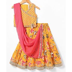 Babyhug Woven Sleeveless Lehenga Choli Set & Dupatta with Floral Print & Lace Detailing - Yellow & Peach