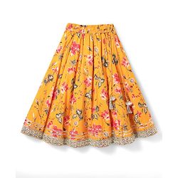 Babyhug Woven Sleeveless Lehenga Choli Set & Dupatta with Floral Print & Lace Detailing - Yellow & Peach
