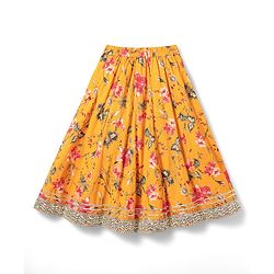 Babyhug Woven Sleeveless Lehenga Choli Set & Dupatta with Floral Print & Lace Detailing - Yellow & Peach