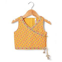 Babyhug Woven Sleeveless Lehenga Choli Set & Dupatta with Floral Print & Lace Detailing - Yellow & Peach