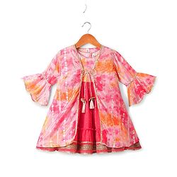 Babyhug Woven  Tie & Dye Printed Ethnic Dress with Floral Zari Booti Detailing & Three Fourth Sleeves Shrug - Dark Pink