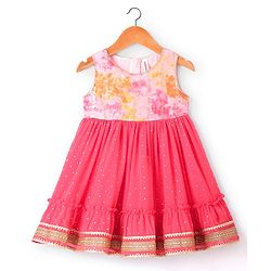 Babyhug Woven  Tie & Dye Printed Ethnic Dress with Floral Zari Booti Detailing & Three Fourth Sleeves Shrug - Dark Pink