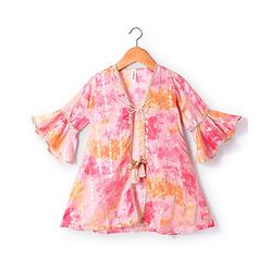Babyhug Woven  Tie & Dye Printed Ethnic Dress with Floral Zari Booti Detailing & Three Fourth Sleeves Shrug - Dark Pink