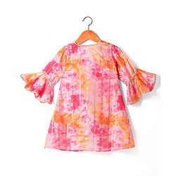 Babyhug Woven  Tie & Dye Printed Ethnic Dress with Floral Zari Booti Detailing & Three Fourth Sleeves Shrug - Dark Pink