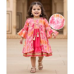 Babyhug Woven  Tie & Dye Printed Ethnic Dress with Floral Zari Booti Detailing & Three Fourth Sleeves Shrug - Dark Pink
