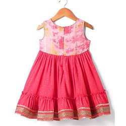 Babyhug Woven  Tie & Dye Printed Ethnic Dress with Floral Zari Booti Detailing & Three Fourth Sleeves Shrug - Dark Pink