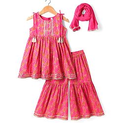 Babyhug Cotton Woven Sleeveless Floral Printed Kurti & Gharara Set with Dupatta - Dark Pink