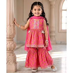 Babyhug Cotton Woven Sleeveless Floral Printed Kurti & Gharara Set with Dupatta - Dark Pink