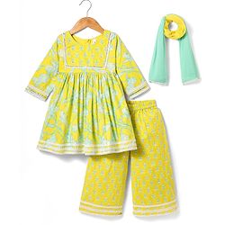 Babyhug Cotton Woven Three Fourth Sleeves Kurti Palazzo  Set with Dupatta  Lace Detailing & Leaves Print - Light Green