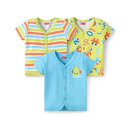 Babyhug 100% Cotton Knit Half Sleeves Front Open Vests with Stripes & Text Print Pack of 3 - Sky Blue Green & Red
