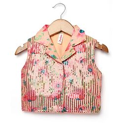 Babyhug Woven Sleeveless Indo Western Set with Floral Print & Sequin Detailing - Peach