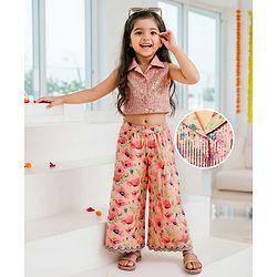Babyhug Woven Sleeveless Indo Western Set with Floral Print & Sequin Detailing - Peach