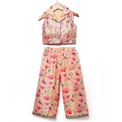 Babyhug Woven Sleeveless Indo Western Set with Floral Print & Sequin Detailing - Peach