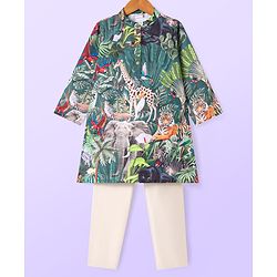 Babyhug Woven Full Sleeves Kurta Pyjama Set Forest Print - Dark Green