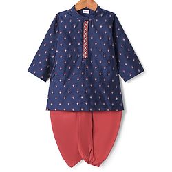 Babyhug Woven Full Sleeves Foil Printed Embroidered Kurta Dhoti Set - Blue & Red