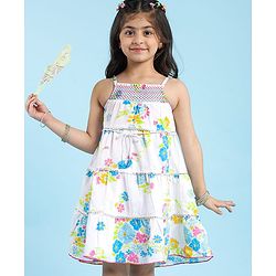 Babyhug Cotton Woven Sleeveless Floral Cambric Printed Tiered Ethnic Dress with Smock Detailing - White