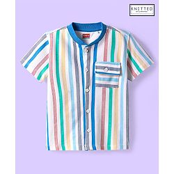 Babyhug Cotton Knit Half Sleeves Mandarin Collar Striped Shirt - White