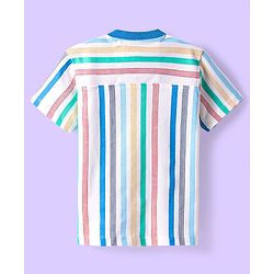Babyhug Cotton Knit Half Sleeves Mandarin Collar Striped Shirt - White