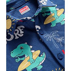 Babyhug Cotton Knit Half Sleeves Shirt with Dino & Surfing Theme Print - Navy Blue