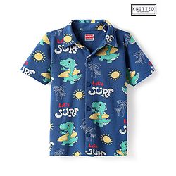 Babyhug Cotton Knit Half Sleeves Shirt with Dino & Surfing Theme Print - Navy Blue