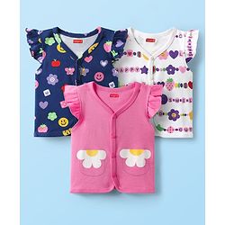 Babyhug 100% Interlock Knit Frill Sleeves Front Open Vests With Floral Print Pack Of 3 - Pink Navy Blue & White
