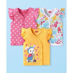Babyhug 100% Cotton Knit Frill Sleeves Front Open Vests with Floral & Polka Dots Print Pack of 3 - Pink Yellow & White