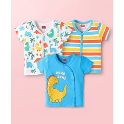 Babyhug 100% Cotton Interlock Knit Front Open Half Sleeves Vests With Striped & Dino Print Pack Of 3 - Light Blue & White