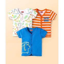 Babyhug 100% Cotton Interlock Knit Front Open Half Sleeves Vests With Striped & Dino Print - Blue Orange & White