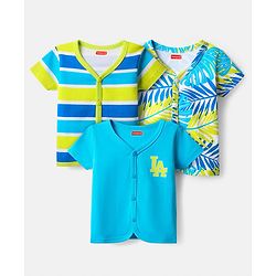 Babyhug 100% Cotton Half Sleeves Front Open Jhablas  With Stripes & Tropical Print Pack Of 3 - Light Blue & Neon Green.