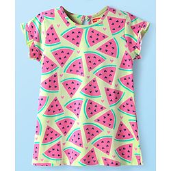 Babyhug Cotton Knit Frill Sleeves Nighty With Fruit Print - Light Green