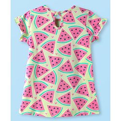 Babyhug Cotton Knit Frill Sleeves Nighty With Fruit Print - Light Green