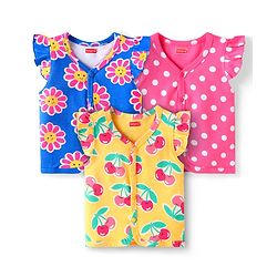 Babyhug Interlock Knit Frill Sleeves Front Open Vests With Fruit & Floral Print Pack of 3 - Yellow Blue & Pink